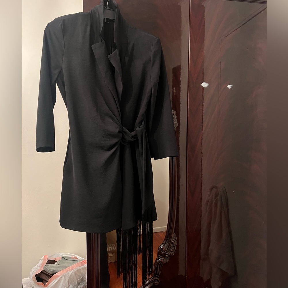 Black blazer dress with skirt. Fringe tie